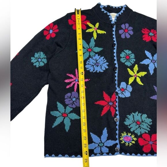 Coldwater Creek Black Knit Sweater Floral Embroidery Colorful Flowers Cardigan - Picture 4 of 6